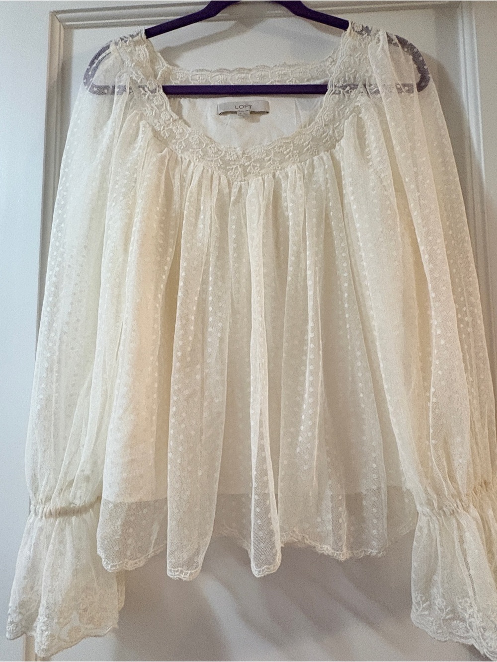 LOFT Lace Trim Sheer Sleeves Flowy Clip Dot Top